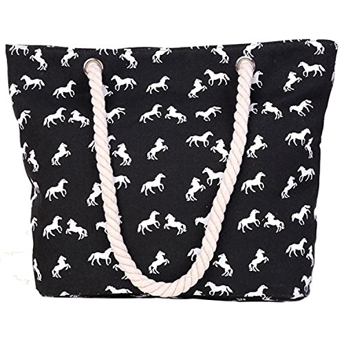 Minetom Damen Strandtasche Shopper Aufdruck Style Schultertasche mit Reißverschluss Pferd Schwarz von Minetom