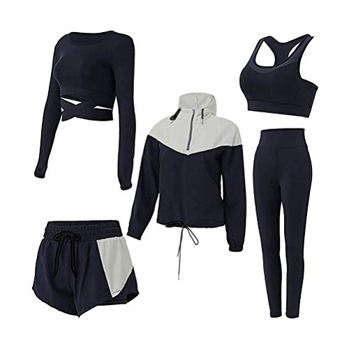 Minetom Damen Streatwear Trainingsanzüge 5-Teiliges Yoga Sportswear Damenanzug Frauen Sportanzug Trainingsanzug Bekleidungsset Sport Sweat Suit Set Outfit Jogginganzug B Schwarz S von Minetom