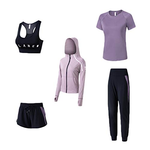 Minetom Damen Streatwear Trainingsanzüge 5-Teiliges Yoga Sportswear Damenanzug Frauen Sportanzug Trainingsanzug Bekleidungsset Sport Sweat Suit Set Outfit Jogginganzug C Violett XXL von Minetom