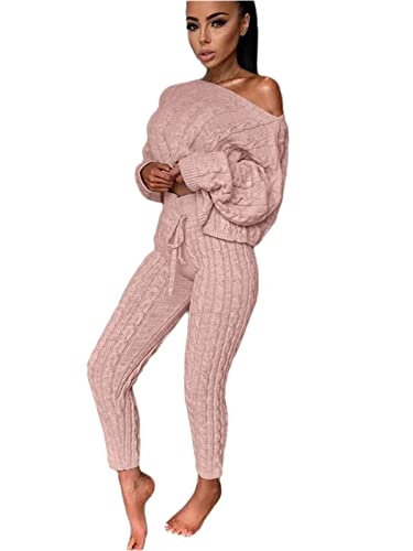 Minetom Damen Strickanzug Pullover Anzug Langarm Schulterfrei Gestrickt Pullover und Hosen Kordelzug Zweiteilige Sweatshirt Sportanzug Trainingsanzug Rosa XS von Minetom