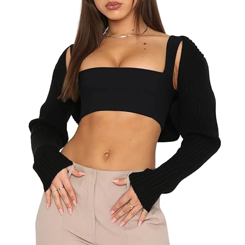 Minetom Damen Strickbolero Langarm Strickjacke Festlich Bolero Strick Cardigan Kurzer Open Front Shrug Top Schulterjacke Kurz A Schwarz M von Minetom