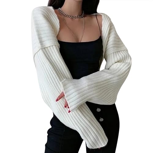 Minetom Damen Strickbolero Langarm Strickjacke Festlich Bolero Strick Cardigan Kurzer Open Front Shrug Top Schulterjacke Kurz A Weiß XL von Minetom