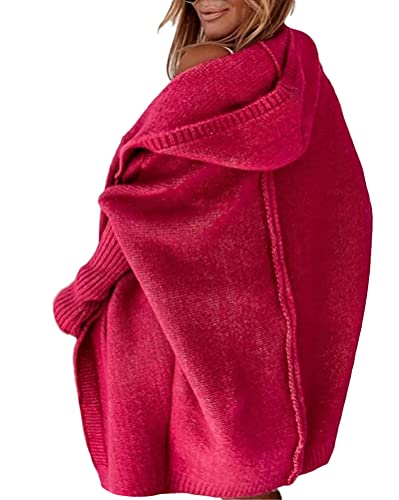 Minetom Damen Strickjacke Cardigan Kapuzenpullover Casual Lose Warm Herbst Winter Lang Strickcardigan Jacke Mantel mit Kapuze Rot L von Minetom