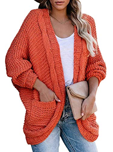 Minetom Damen Strickjacke Cardigan Langarm Lose Strickmantel mit Taschen Casual Vorne Offen Einfarbig Herbst Winter Sweater Jacke Outwear A Orange M von Minetom