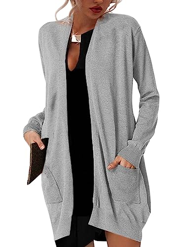 Minetom Damen Strickjacke Cardigan Strandkleid Lang Dünne Jacke Langarm Leichter Cardigan Schulterjacke Sommerjacke Mit Taschen A Grau XL von Minetom