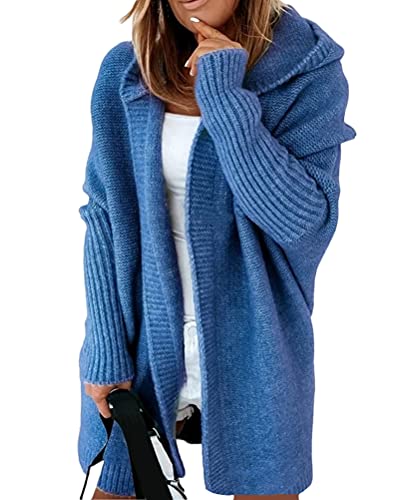 Minetom Damen Strickjacke Frauen Cardigan Kapuzenpullover Lose Warm Herbst Winter Lang Strickcardigan Jacke Mantel mit Kapuze Blau S von Minetom