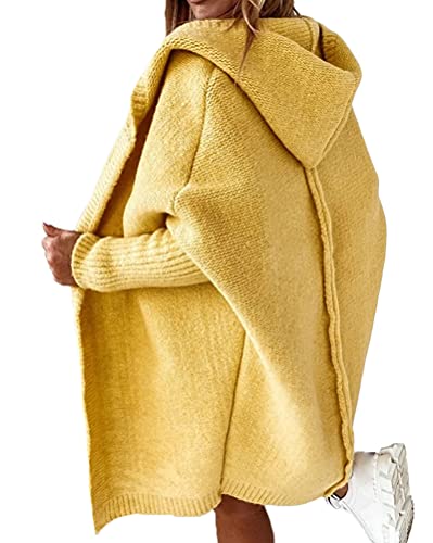 Minetom Damen Strickjacke Frauen Cardigan Kapuzenpullover Lose Warm Herbst Winter Lang Strickcardigan Jacke Mantel mit Kapuze Gelb M von Minetom