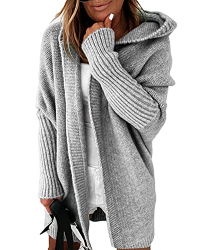 Minetom Damen Strickjacke Frauen Cardigan Kapuzenpullover Lose Warm Herbst Winter Lang Strickcardigan Jacke Mantel mit Kapuze Grau XL von Minetom