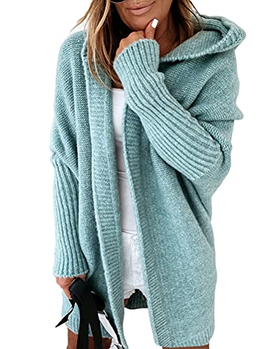 Minetom Damen Strickjacke Frauen Cardigan Kapuzenpullover Lose Warm Herbst Winter Lang Strickcardigan Jacke Mantel mit Kapuze Grün XS von Minetom