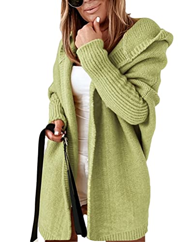 Minetom Damen Strickjacke Frauen Cardigan Kapuzenpullover Lose Warm Herbst Winter Lang Strickcardigan Jacke Mantel mit Kapuze Hellgrün XL von Minetom