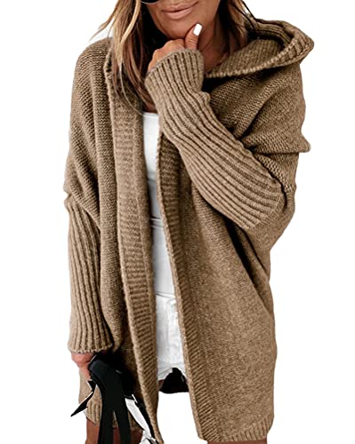 Minetom Damen Strickjacke Frauen Cardigan Kapuzenpullover Lose Warm Herbst Winter Lang Strickcardigan Jacke Mantel mit Kapuze Khaki L von Minetom