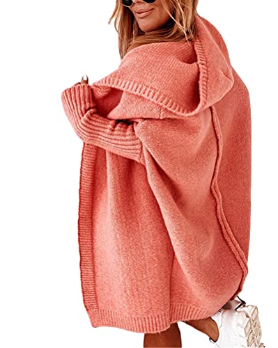 Minetom Damen Strickjacke Frauen Cardigan Kapuzenpullover Lose Warm Herbst Winter Lang Strickcardigan Jacke Mantel mit Kapuze Orange L von Minetom