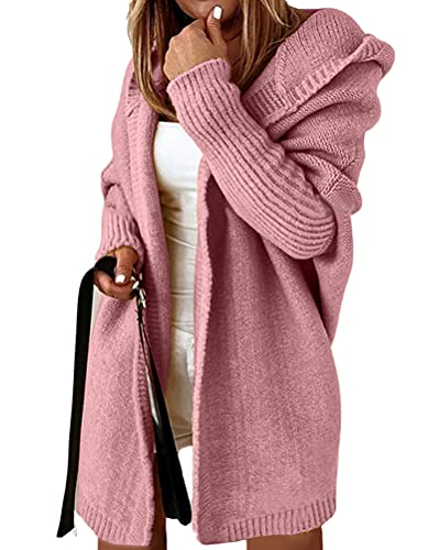 Minetom Damen Strickjacke Frauen Cardigan Kapuzenpullover Lose Warm Herbst Winter Lang Strickcardigan Jacke Mantel mit Kapuze Rosa M von Minetom