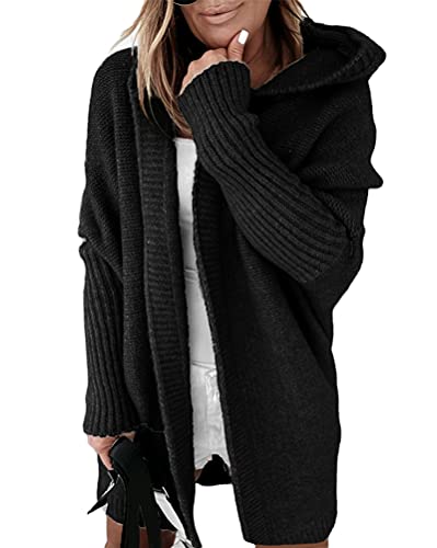 Minetom Damen Strickjacke Frauen Cardigan Kapuzenpullover Lose Warm Herbst Winter Lang Strickcardigan Jacke Mantel mit Kapuze Schwarz L von Minetom