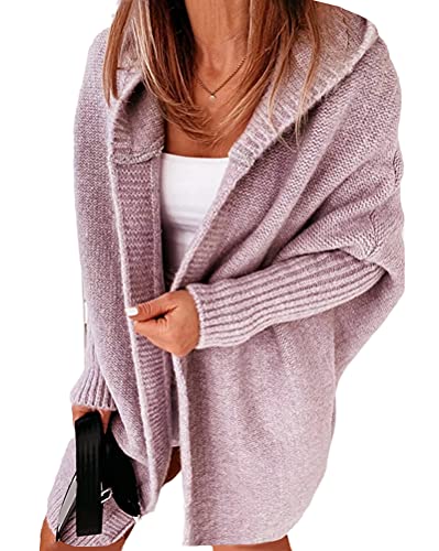 Minetom Damen Strickjacke Frauen Cardigan Kapuzenpullover Lose Warm Herbst Winter Lang Strickcardigan Jacke Mantel mit Kapuze Violett XL von Minetom