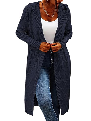 Minetom Damen Strickjacke Frauen Lang Cardigan Kapuzenpullover Strickmantel Lose Warm Herbst Winter Strickcardigan Jacke Mantel mit Kapuze A Dunkelblau XL von Minetom