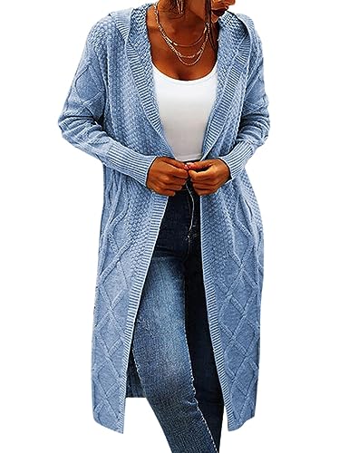 Minetom Damen Strickjacke Frauen Lang Cardigan Kapuzenpullover Strickmantel Lose Warm Herbst Winter Strickcardigan Jacke Mantel mit Kapuze A Hellblau 3XL von Minetom