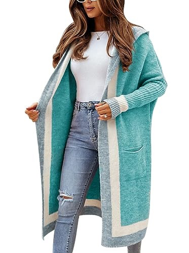 Minetom Damen Strickjacke Frauen Lang Cardigan Kapuzenpullover Strickmantel Lose Warm Herbst Winter Strickcardigan Jacke Mantel mit Kapuze B Grün M von Minetom