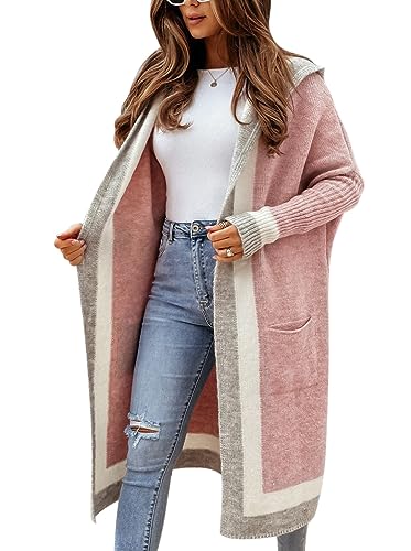 Minetom Damen Strickjacke Frauen Lang Cardigan Kapuzenpullover Strickmantel Lose Warm Herbst Winter Strickcardigan Jacke Mantel mit Kapuze B Rosa M von Minetom