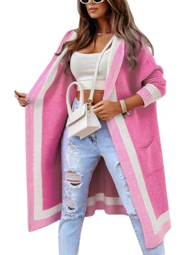 Minetom Damen Strickjacke Frauen Lang Cardigan Kapuzenpullover Strickmantel Lose Warm Herbst Winter Strickcardigan Jacke Mantel mit Kapuze B Rose S von Minetom