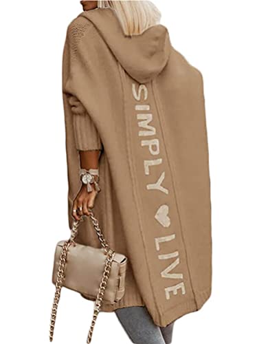 Minetom Damen Strickjacke Lang Cardigan Kapuzenpullover Strickcardigan Lose Warm Herbst Winter Jacke Mantel mit Kapuze Z3 Khaki XL von Minetom