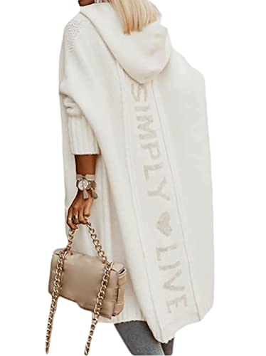 Minetom Damen Strickjacke Lang Cardigan Kapuzenpullover Strickcardigan Lose Warm Herbst Winter Jacke Mantel mit Kapuze Z3 Weiß M von Minetom