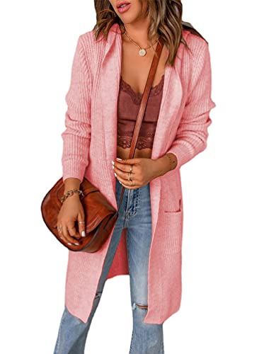 Minetom Damen Strickjacke Lang Einfarbig Langarm Strickcardigan Kapuzenpullover Herbst Winter Offen Jacke Mantel Cardigan mit Kapuze A Rosa 3XL von Minetom