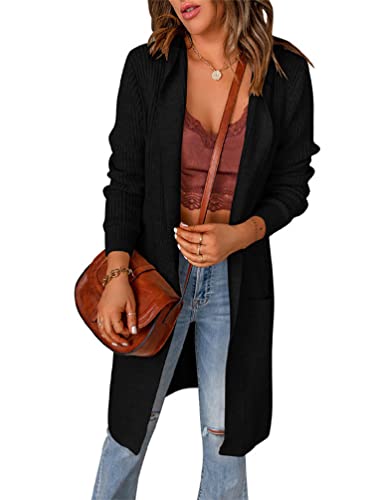 Minetom Damen Strickjacke Lang Einfarbig Langarm Strickcardigan Kapuzenpullover Herbst Winter Offen Jacke Mantel Cardigan mit Kapuze A Schwarz M von Minetom