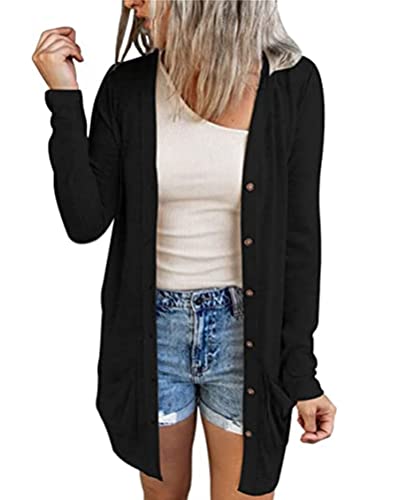 Minetom Damen Strickjacke Langarm Offene Strickmantel Lang Casual High Stretchy Cardigan Mit Taschen A1 Schwarz 34 von Minetom
