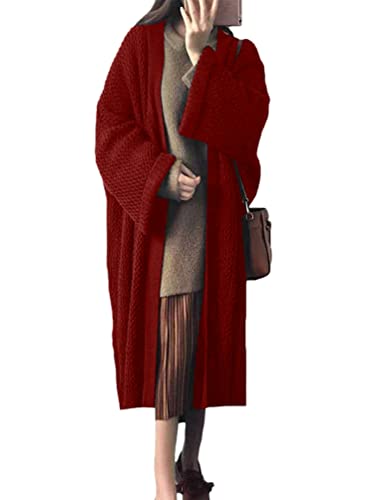 Minetom Damen Strickjacke Pullover Cardigan Langarm Oversize Frühling Winter Herbst Cardigan Lang Mantel Grobstrick Strickmantel A Weinrot Einheitsgröße von Minetom