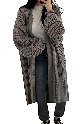 Minetom Damen Strickjacke Pullover Cardigan Langarm Oversize Frühling Winter Herbst Cardigan Lang Mantel Grobstrick Strickmantel D Grau Einheitsgröße von Minetom