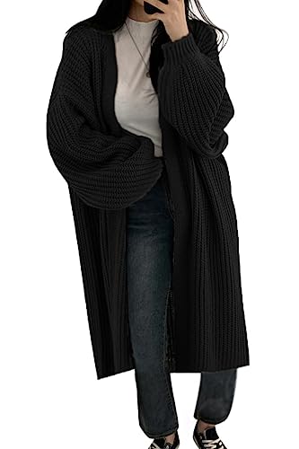 Minetom Damen Strickjacke Pullover Cardigan Langarm Oversize Frühling Winter Herbst Cardigan Lang Mantel Grobstrick Strickmantel D Schwarz Einheitsgröße von Minetom