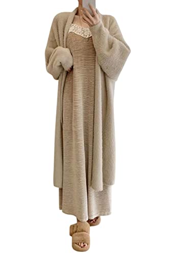 Minetom Damen Strickjacke Pullover Cardigan Langarm Oversize Frühling Winter Herbst Cardigan Lang Mantel Grobstrick Strickmantel G Beige Einheitsgröße von Minetom