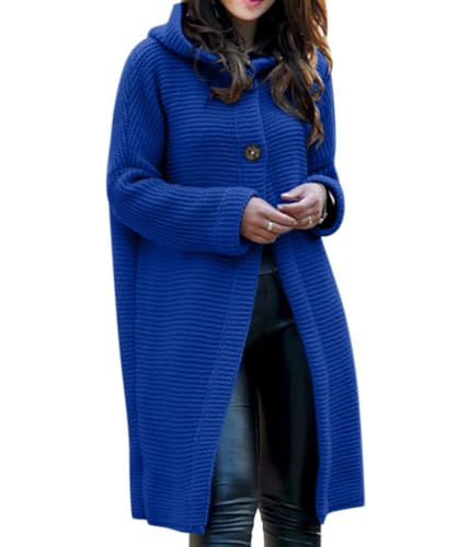 Minetom Damen Strickjacke Pullover Cardigan Strickjacke Langarm Oversize Strickcardigan Strickmantel Lange Mantel mit Kapuze Elegant Strick Pulli Mantel für Frauen Frühling Winter Herbst A Blau XL von Minetom