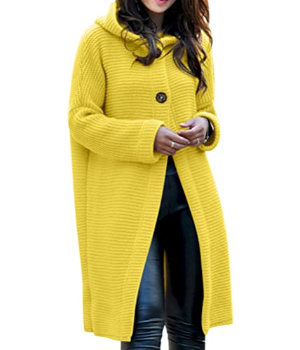 Minetom Damen Strickjacke Pullover Cardigan Strickjacke Langarm Oversize Strickcardigan Strickmantel Lange Mantel mit Kapuze Elegant Strick Pulli Mantel für Frauen Frühling Winter Herbst A Gelb M von Minetom