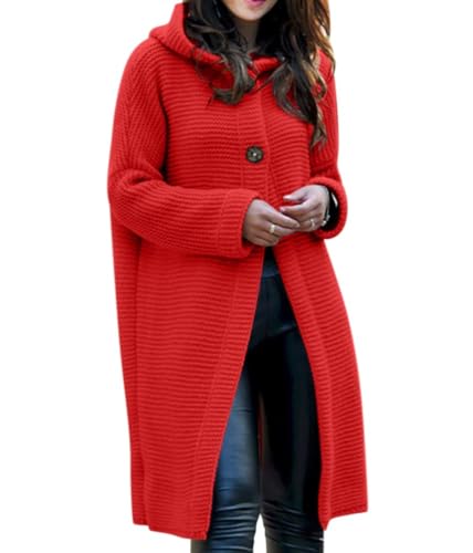 Minetom Damen Strickjacke Pullover Cardigan Strickjacke Langarm Oversize Strickcardigan Strickmantel Lange Mantel mit Kapuze Elegant Strick Pulli Mantel für Frauen Frühling Winter Herbst A Rot XL von Minetom