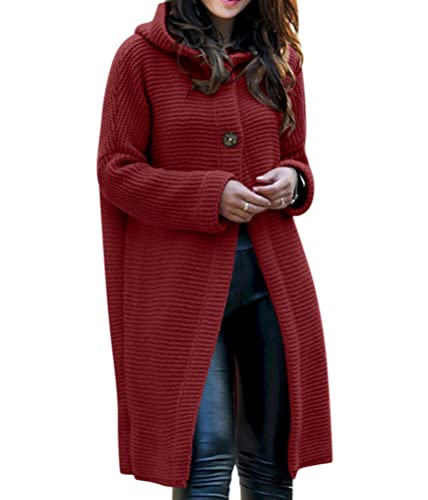 Minetom Damen Strickjacke Pullover Cardigan Strickjacke Langarm Oversize Strickcardigan Strickmantel Lange Mantel mit Kapuze Elegant Strick Pulli Mantel für Frauen Frühling Winter Herbst A Weinrot L von Minetom