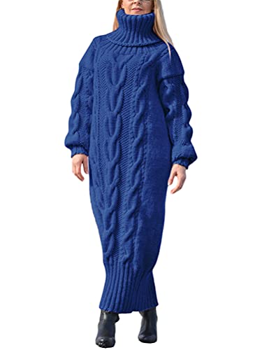 Minetom Damen Strickkleid Grobstrick Pulloverkleid Tunika Kleid Rollkragen Langarm Maxi Kleid Pullikleid Lang Strickpullover Wickelkleid A Blau XXL von Minetom