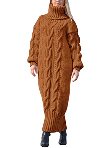 Minetom Damen Strickkleid Grobstrick Pulloverkleid Tunika Kleid Rollkragen Langarm Maxi Kleid Pullikleid Lang Strickpullover Wickelkleid A Braun XXL von Minetom