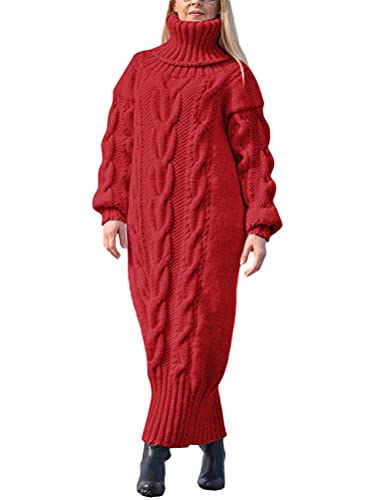 Minetom Damen Strickkleid Grobstrick Pulloverkleid Tunika Kleid Rollkragen Langarm Maxi Kleid Pullikleid Lang Strickpullover Wickelkleid A Rot XXL von Minetom