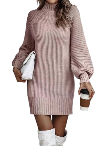Minetom Damen Strickkleid Puff Ärmel Rollkragen Minikleid Winterkleid Hohe Elastizität Pulloverkleid Herbst Winter Langarm Kleider Strick A Rosa XL von Minetom