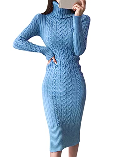 Minetom Damen Strickkleid Rollkragen Herbst Winter Sexy Langarm Midi Kleid Pulli Langes Kleid Slim Pulloverkleid Bodycon Warm Wickelkleid A Blau M von Minetom