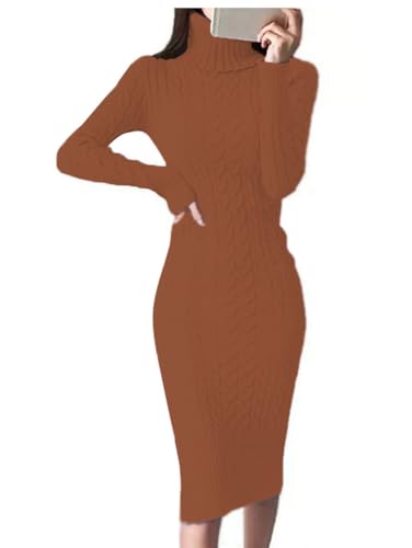 Minetom Damen Strickkleid Rollkragen Herbst Winter Sexy Langarm Midi Kleid Pulli Langes Kleid Slim Pulloverkleid Bodycon Warm Wickelkleid A Braun M von Minetom
