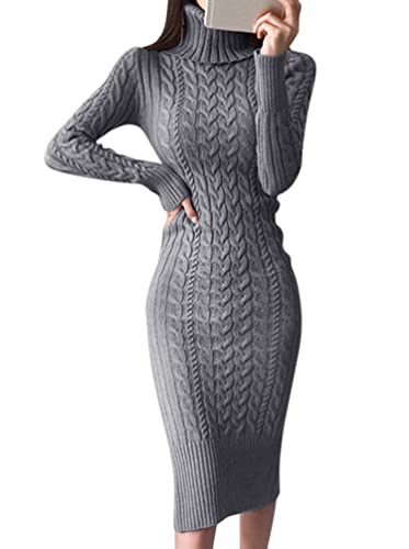 Minetom Damen Strickkleid Rollkragen Herbst Winter Sexy Langarm Midi Kleid Pulli Langes Kleid Slim Pulloverkleid Bodycon Warm Wickelkleid A Grau L von Minetom