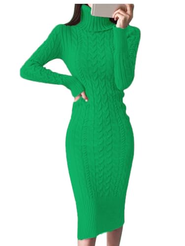 Minetom Damen Strickkleid Rollkragen Herbst Winter Sexy Langarm Midi Kleid Pulli Langes Kleid Slim Pulloverkleid Bodycon Warm Wickelkleid A Grün L von Minetom