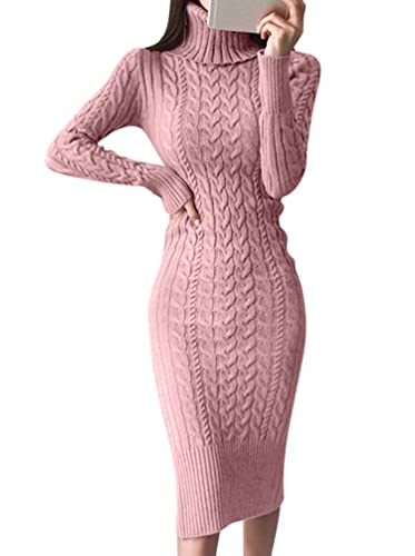 Minetom Damen Strickkleid Rollkragen Herbst Winter Sexy Langarm Midi Kleid Pulli Langes Kleid Slim Pulloverkleid Bodycon Warm Wickelkleid A Rosa L von Minetom