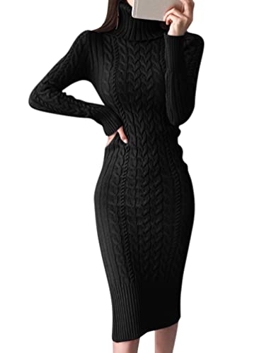 Minetom Damen Strickkleid Rollkragen Herbst Winter Sexy Langarm Midi Kleid Pulli Langes Kleid Slim Pulloverkleid Bodycon Warm Wickelkleid A Schwarz L von Minetom