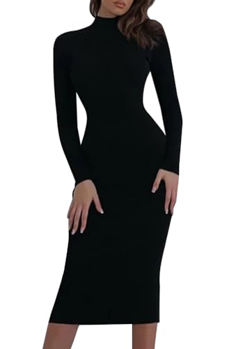 Minetom Damen Strickkleid Rollkragen Herbst Winter Sexy Langarm Midi Kleid Pulli Langes Kleid Slim Pulloverkleid Bodycon Warm Wickelkleid B Schwarz L von Minetom