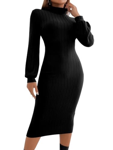 Minetom Damen Strickkleid Rollkragen Herbst Winter Sexy Langarm Midi Kleid Pulli Langes Kleid Slim Pulloverkleid Bodycon Warm Wickelkleid C Schwarz L von Minetom