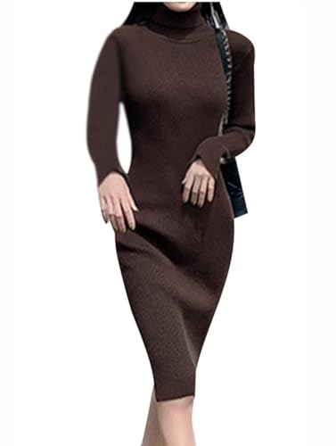 Minetom Damen Strickkleid Rollkragen Herbst Winter Sexy Langarm Midi Kleid Pulli Langes Kleid Slim Pulloverkleid Bodycon Warm Wickelkleid D Braun XL von Minetom